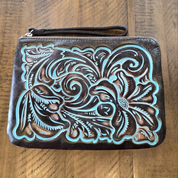 Patricia Nash Cassoni Brown Turquoise Tooled Leather Zip Wristlet Clutch - Picture 2 of 7